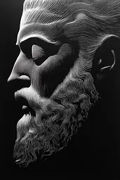 Midjourney generated image using SREF code Fractured Realms: A black and white drawing of a man with a beard.