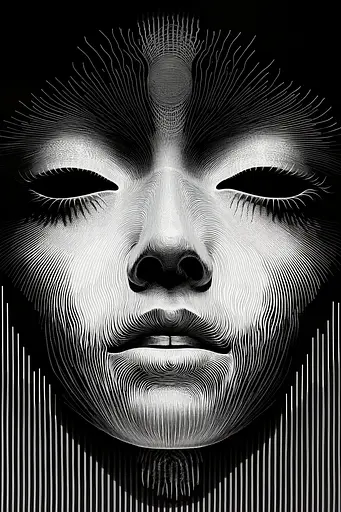 Midjourney generated image using SREF code Fractured Realms: A black and white illustration of a woman's face.