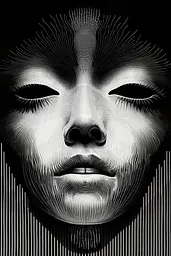 Midjourney generated image using SREF code Fractured Realms: A black and white illustration of a woman's face.