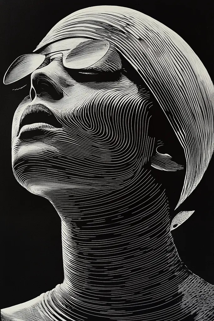 Midjourney generated image using SREF code Fractured Realms: A black and white drawing of a woman wearing sunglasses.