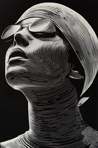 Midjourney generated image using SREF code Fractured Realms: A black and white drawing of a woman wearing sunglasses.