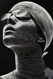 Midjourney generated image using SREF code Fractured Realms: A black and white drawing of a woman wearing sunglasses.