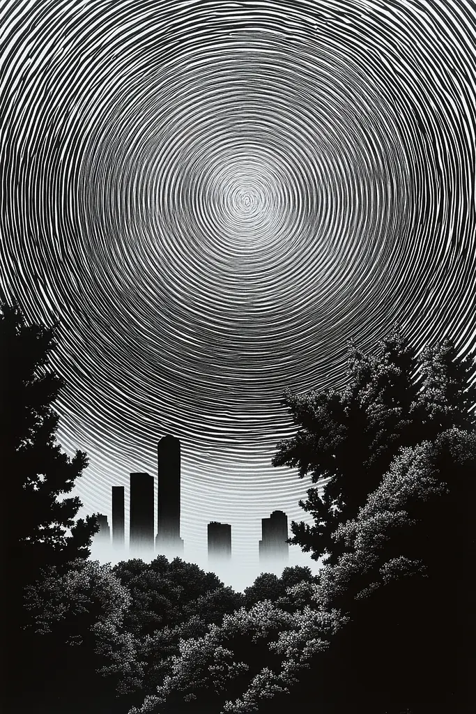 Midjourney generated image using SREF code Fractured Realms: A black and white image of a city with trees in the foreground.