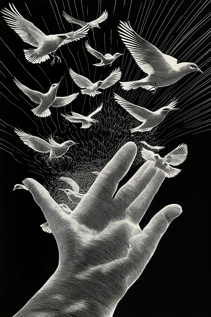 Midjourney generated image using SREF code Fractured Realms: A black and white drawing of a hand reaching out to a flock of birds.