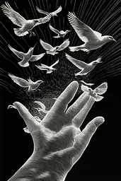 Midjourney generated image using SREF code Fractured Realms: A black and white drawing of a hand reaching out to a flock of birds.