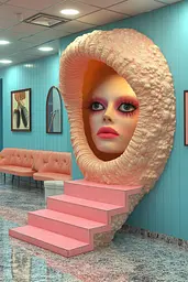 Midjourney generated image using SREF code Candy Cosmos: A pink and blue room with a woman's face in a shell.