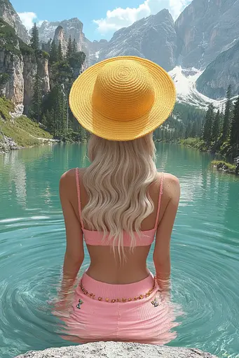 Midjourney generated image using SREF code Candy Cosmos: A woman in a pink bikini top and a yellow hat standing in a lake.