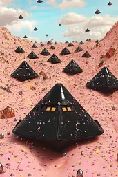 Midjourney generated image using SREF code Candy Cosmos: A group of black pyramids in the middle of a desert.