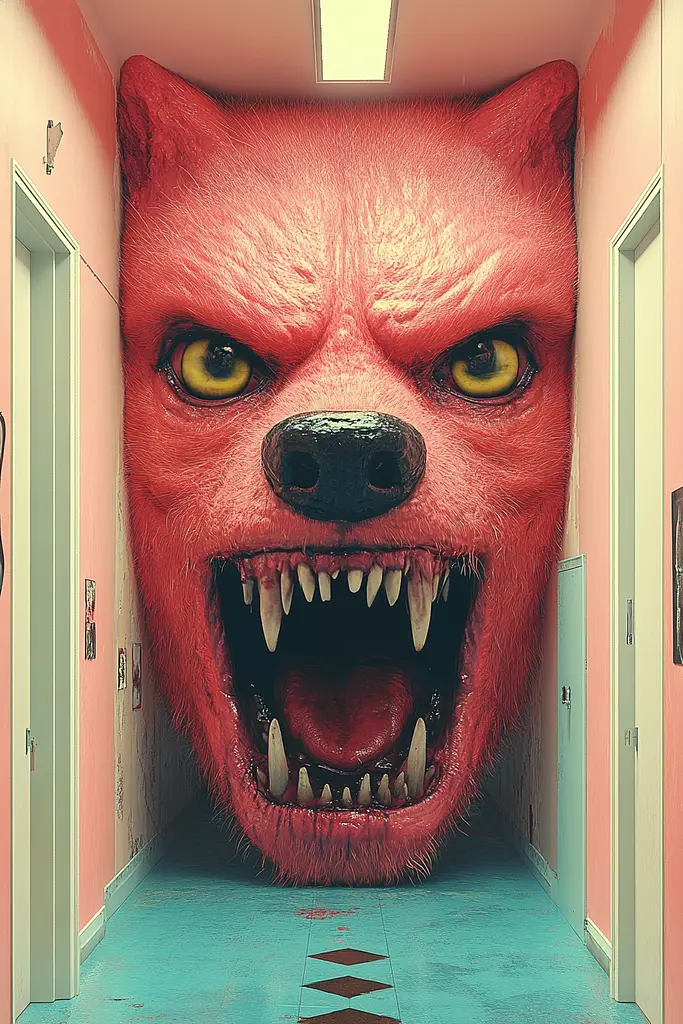 Midjourney generated image using SREF code Candy Cosmos: A red wolf head on the wall of a hallway.