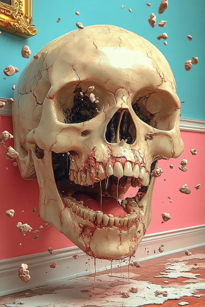 Midjourney generated image using SREF code Candy Cosmos: A human skull with blood coming out of it's mouth.