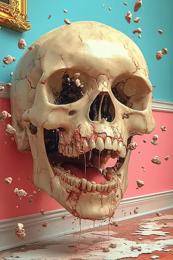 Midjourney generated image using SREF code Candy Cosmos: A human skull with blood coming out of it's mouth.