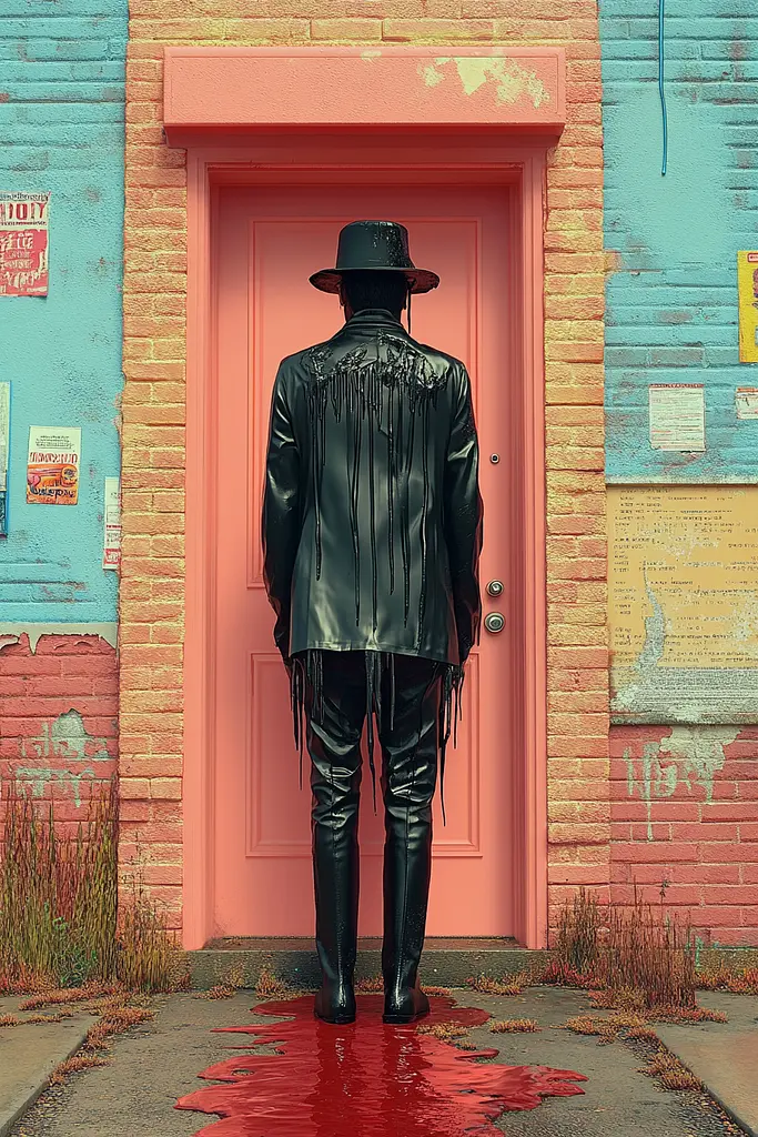 Midjourney generated image using SREF code Candy Cosmos: A man standing in front of a pink door with blood on the ground.