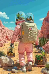 Midjourney generated image using SREF code Candy Cosmos: A man in a pink space suit carrying a backpack with plants in it.