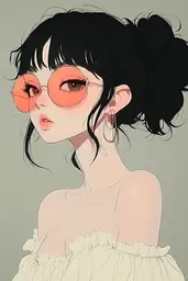 Midjourney generated image using SREF code Quirky Haven: A drawing of a girl with black hair and pink glasses.