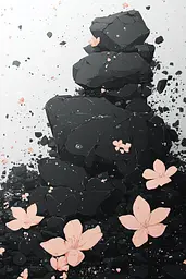 Midjourney generated image using SREF code Quirky Haven: A pile of black rocks with pink flowers on them.