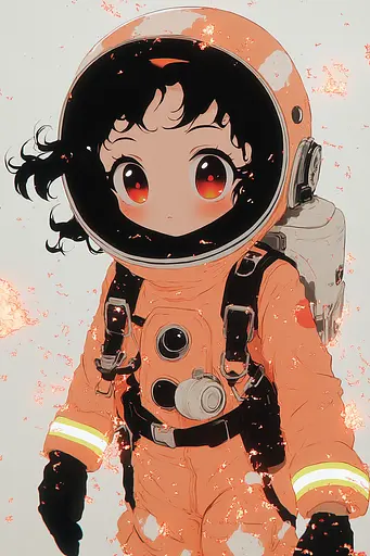 Midjourney generated image using SREF code Quirky Haven: A girl in an orange space suit with a backpack.