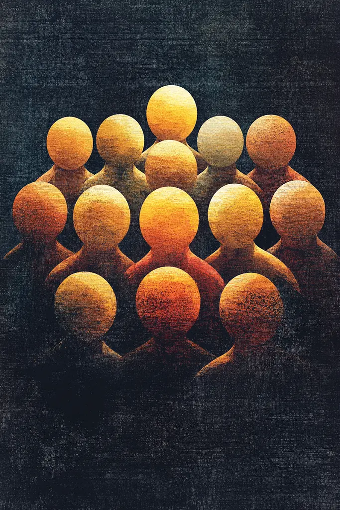 Midjourney generated image using SREF code Obsidian Horizons: A group of orange people standing in a circle.