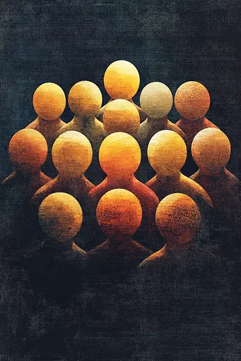 Midjourney generated image using SREF code Obsidian Horizons: A group of orange people standing in a circle.