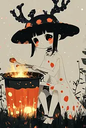 Midjourney generated image using SREF code Quirky Haven: A girl in a witch hat sitting next to a fire pit.