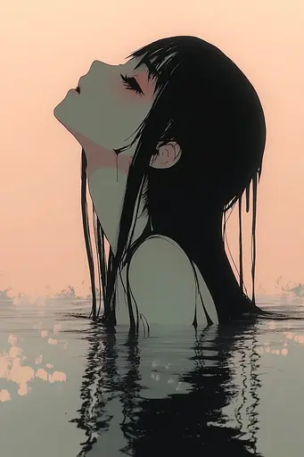 Midjourney generated image using SREF code Quirky Haven: A girl with long black hair standing in the water.