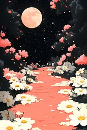 Midjourney generated image using SREF code Quirky Haven: A path of daisies leading to a full moon in the night sky.