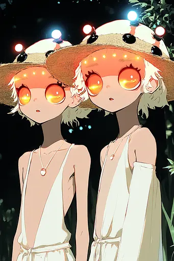 Midjourney generated image using SREF code Quirky Haven: A couple of anime characters wearing straw hats and sunglasses.