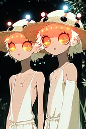 Midjourney generated image using SREF code Quirky Haven: A couple of anime characters wearing straw hats and sunglasses.