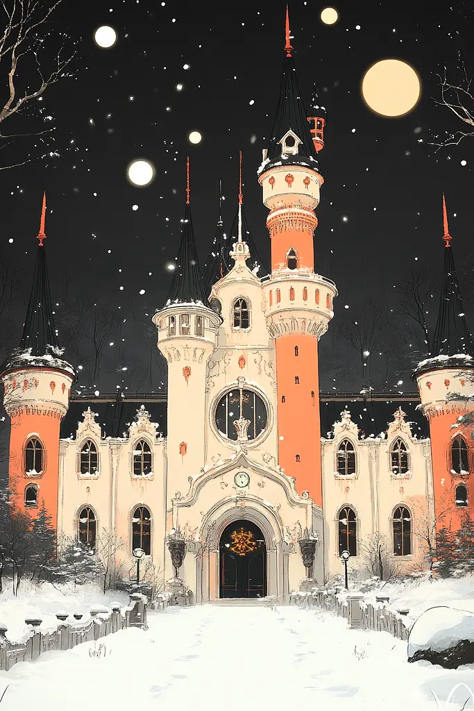 Midjourney generated image using SREF code Quirky Haven: A castle in the middle of a snowy night.