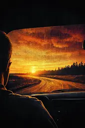 Midjourney generated image using SREF code Obsidian Horizons: A man driving a car on a dirt road at sunset.