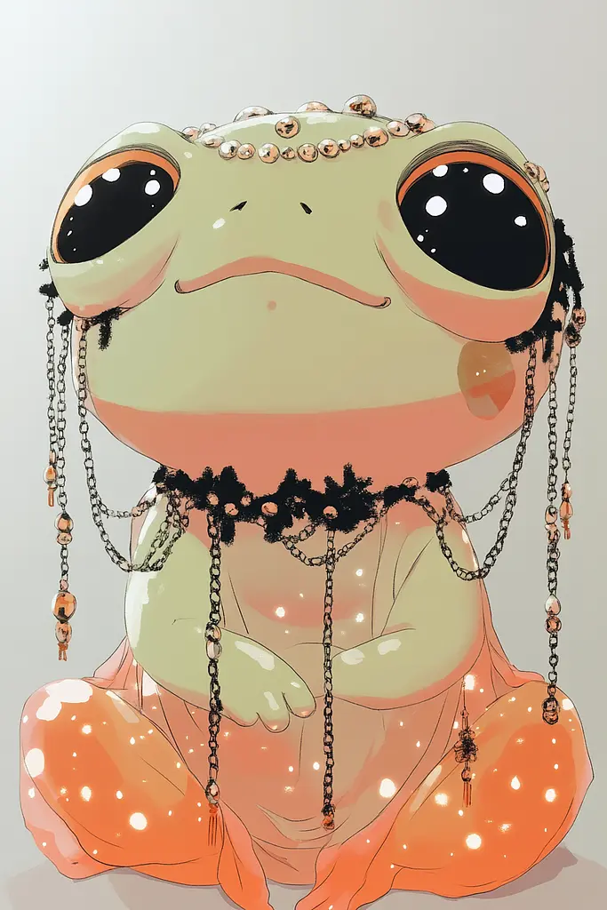 Midjourney generated image using SREF code Quirky Haven: A cartoon frog wearing a chain around its neck.