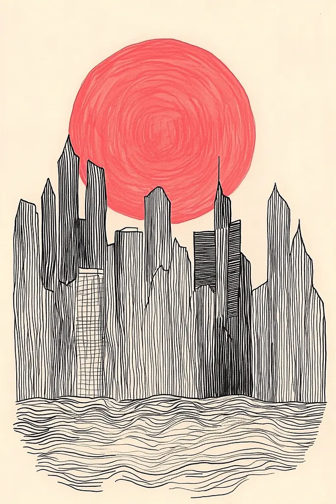 Midjourney generated image using SREF code Celestial Lines: A drawing of a city with a red sun in the background.