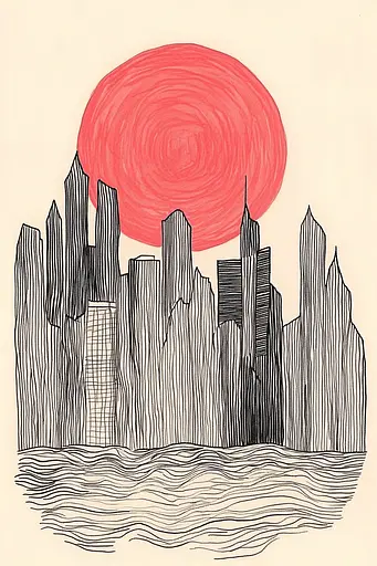 Midjourney generated image using SREF code Celestial Lines: A drawing of a city with a red sun in the background.