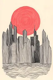 Midjourney generated image using SREF code Celestial Lines: A drawing of a city with a red sun in the background.