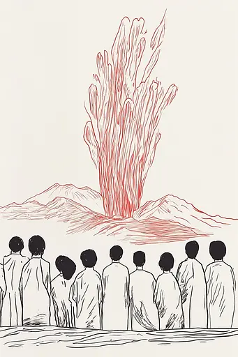 Midjourney generated image using SREF code Celestial Lines: A drawing of a group of people standing in front of a volcano.