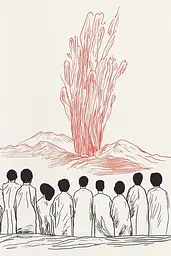 Midjourney generated image using SREF code Celestial Lines: A drawing of a group of people standing in front of a volcano.