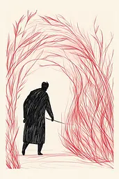 Midjourney generated image using SREF code Celestial Lines: A drawing of a man walking through a tunnel of red trees.