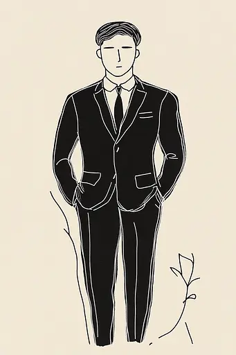 Midjourney generated image using SREF code Celestial Lines: A drawing of a man in a suit and tie.