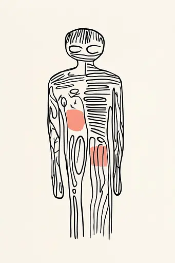 Midjourney generated image using SREF code Celestial Lines: A drawing of a man with a red spot on his chest.