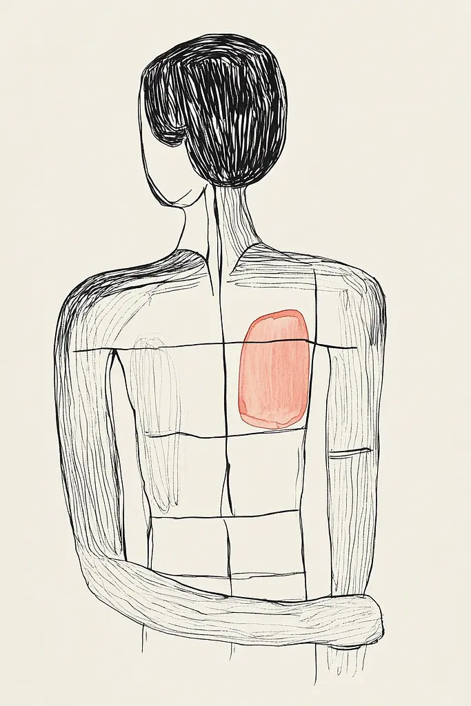 Midjourney generated image using SREF code Celestial Lines: A drawing of a man with a red spot on his back.