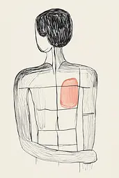 Midjourney generated image using SREF code Celestial Lines: A drawing of a man with a red spot on his back.