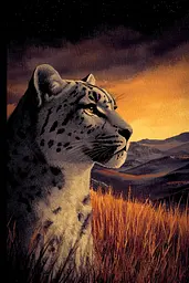 Midjourney generated image using SREF code Obsidian Horizons: A painting of a snow leopard in a field at night.