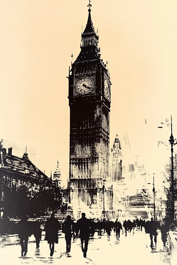 Midjourney generated image using SREF code Tangled Formations: A drawing of a clock tower in the middle of a city.