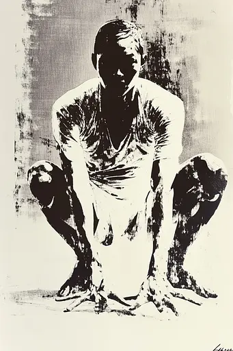 Midjourney generated image using SREF code Tangled Formations: A black and white drawing of a man crouching down.