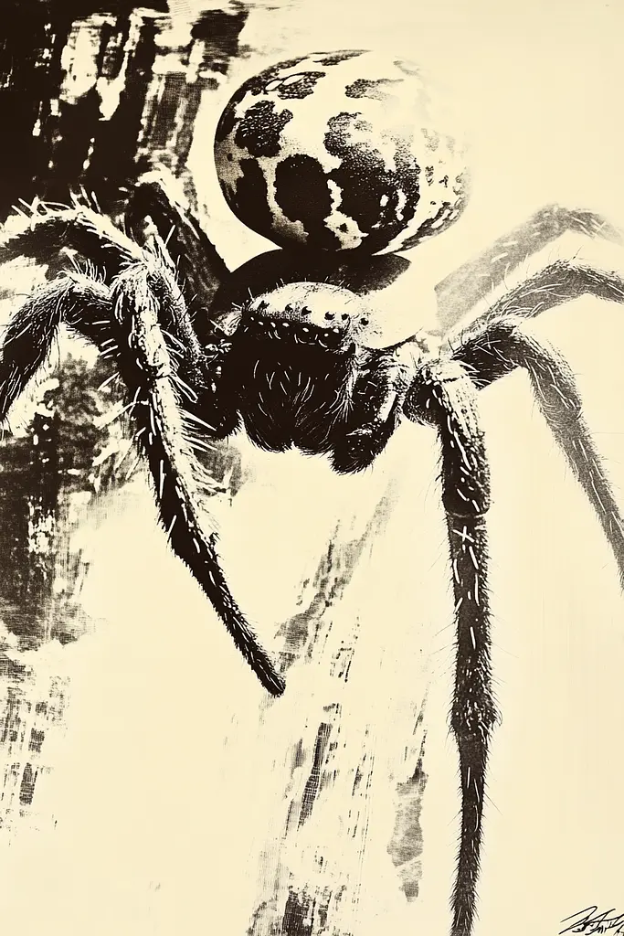 Midjourney generated image using SREF code Tangled Formations: A black and white drawing of a spider with a ball on its back.