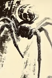 Midjourney generated image using SREF code Tangled Formations: A black and white drawing of a spider with a ball on its back.