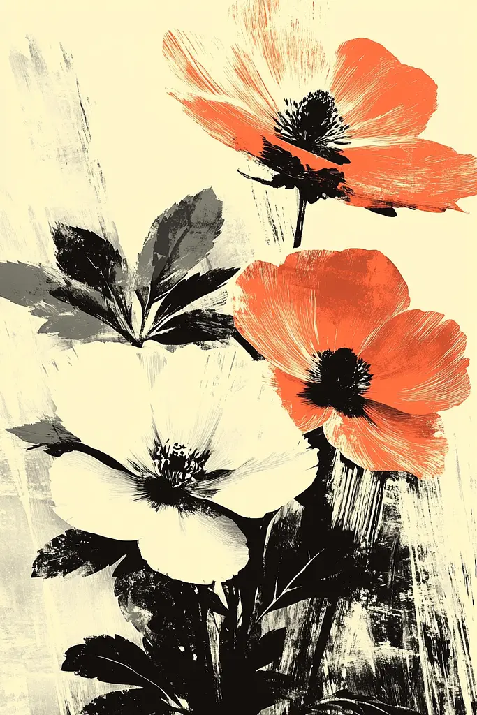 Midjourney generated image using SREF code Tangled Formations: A painting of three red and white flowers on a beige background.