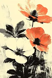 Midjourney generated image using SREF code Tangled Formations: A painting of three red and white flowers on a beige background.