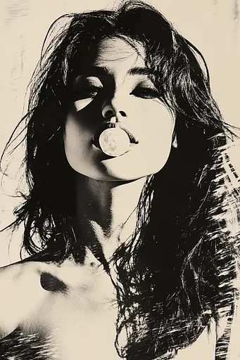 Midjourney generated image using SREF code Tangled Formations: A black and white photo of a woman blowing a bubble gum.