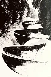 Midjourney generated image using SREF code Tangled Formations: A black and white drawing of three bowls in a row.