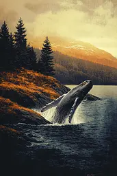 Midjourney generated image using SREF code Obsidian Horizons: A humpback whale jumping out of the water.